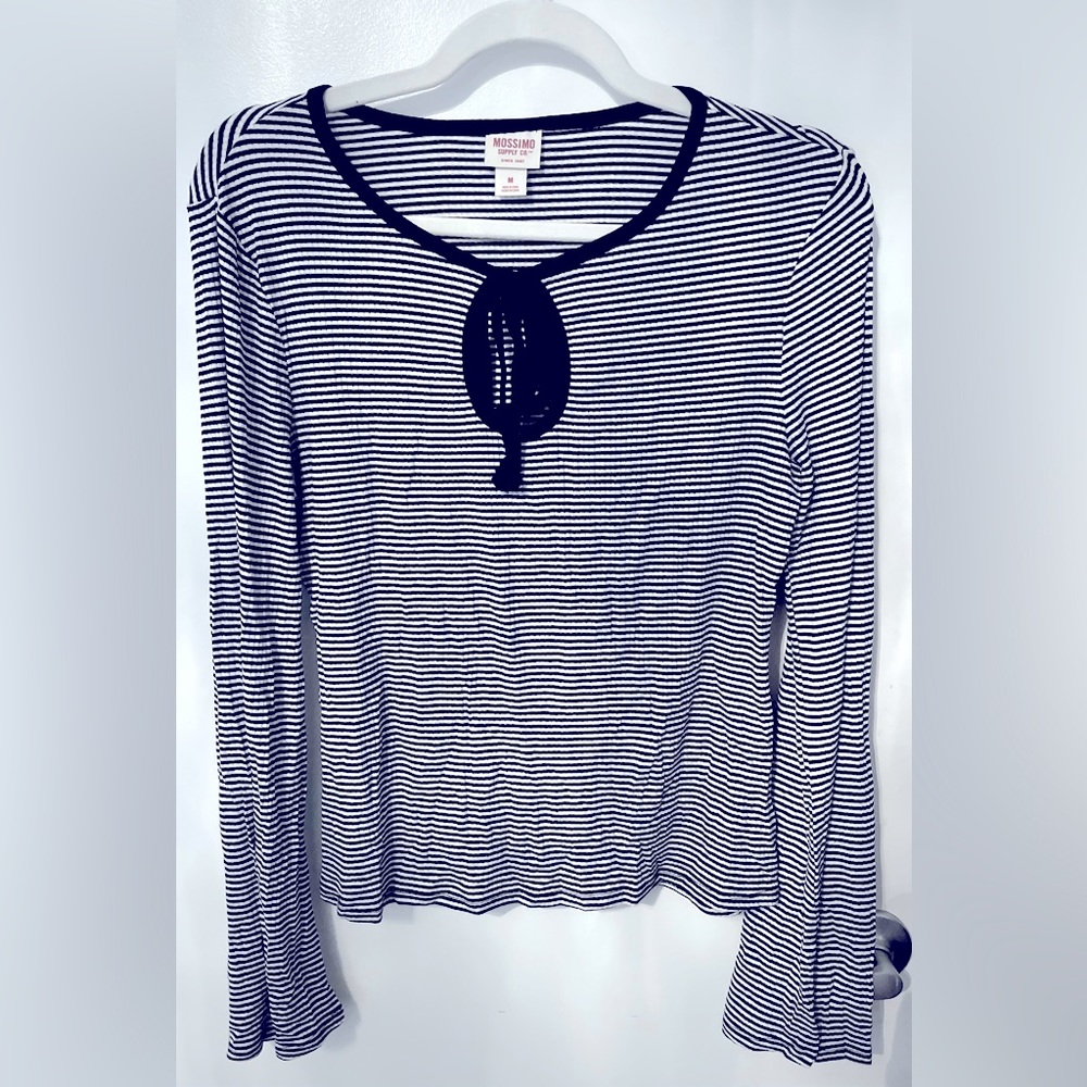 Black & White Women’s Striped Shirt with Bell Sleeves & Keyhole Cutout | Mossimo